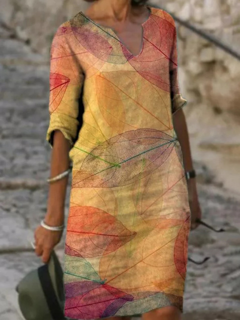 Women's Midi Dress V-Neck Three-Quarter Sleeves Leaf Print