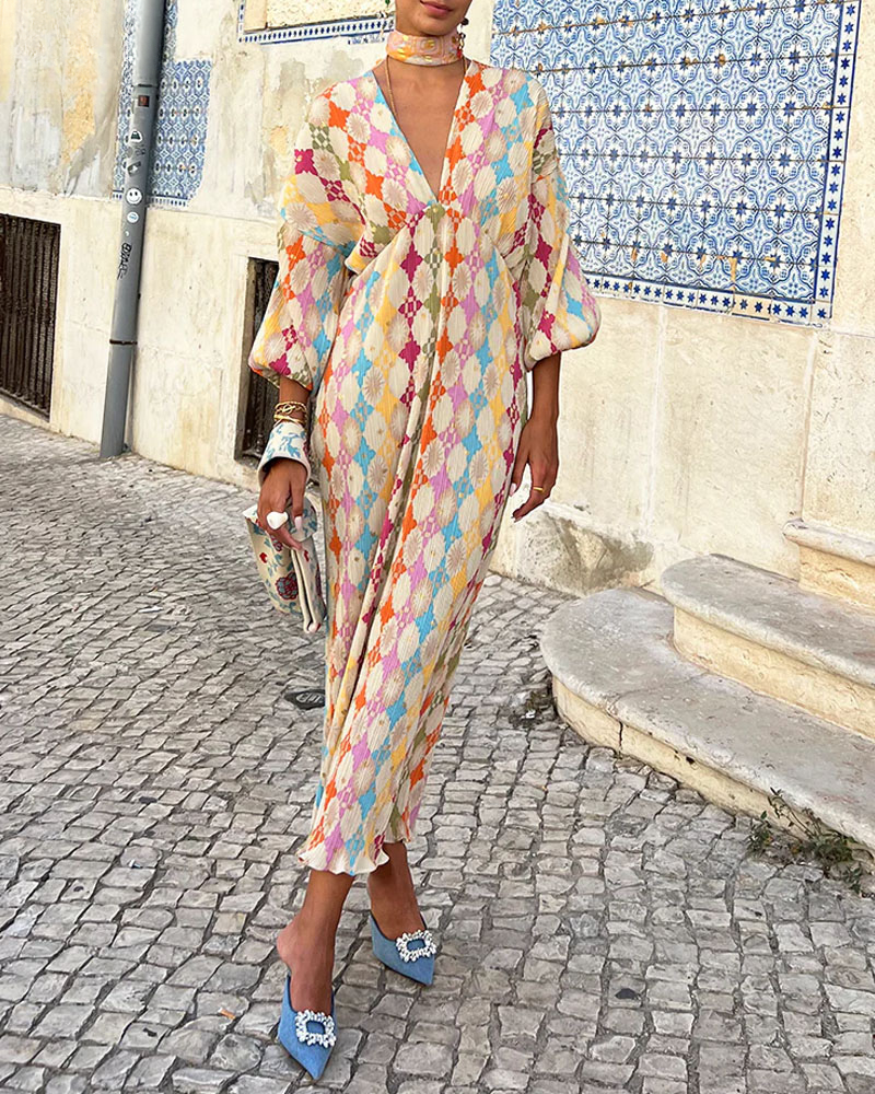 Women's Maxi Dress Puff Sleeves Vibrant Print