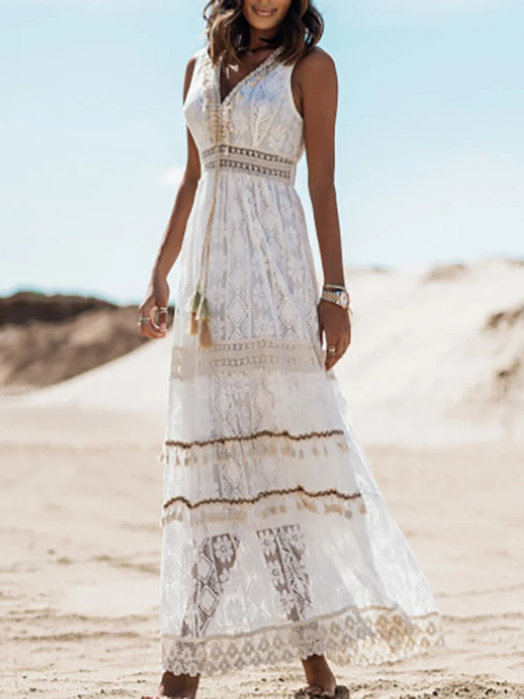 Women's Boho Maxi Dress Drawstring Cotton