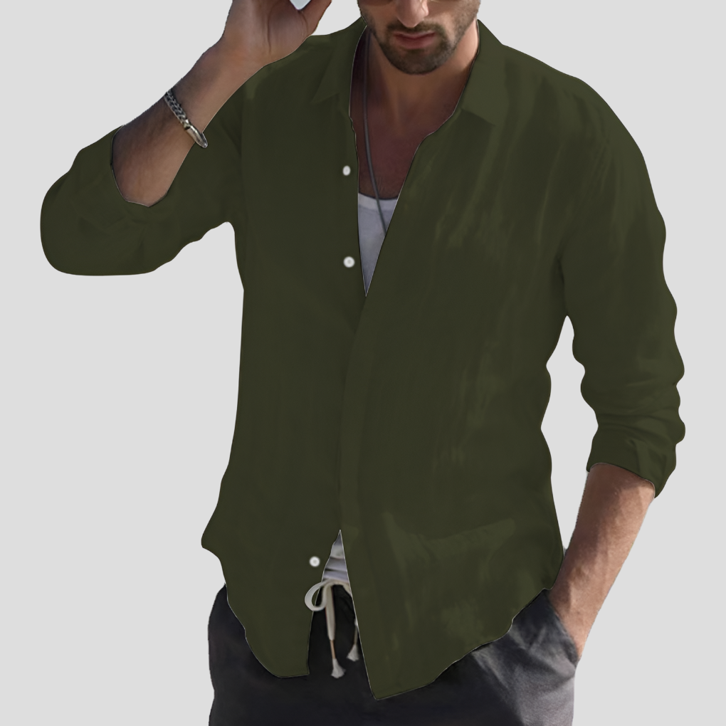 Linen Shirt Turn Down Collar Solid Color