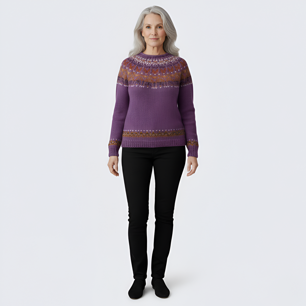 Women's Wool Crew Neck Sweater Fair Isle Pattern