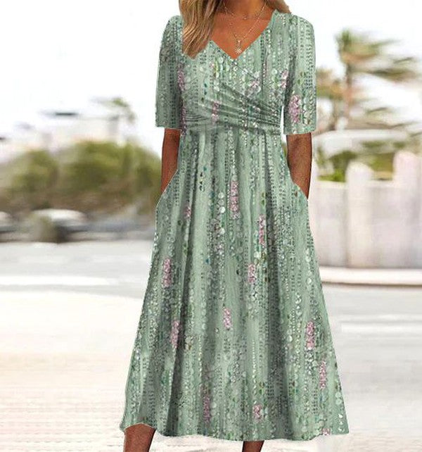 Women's High-Waist V-Neck Floral Dress