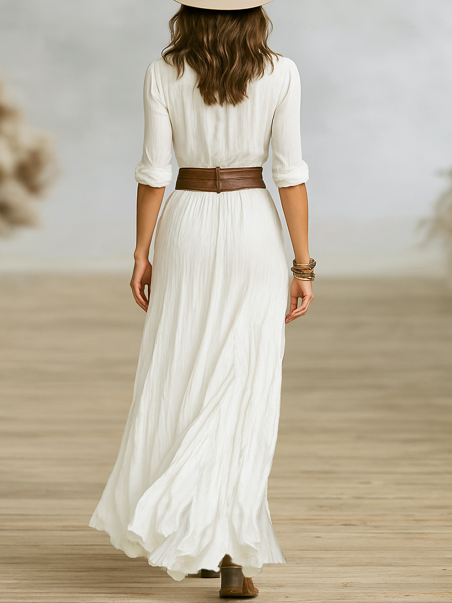 Linen Maxi Dress Collared V-Neck Braided Waist Belt