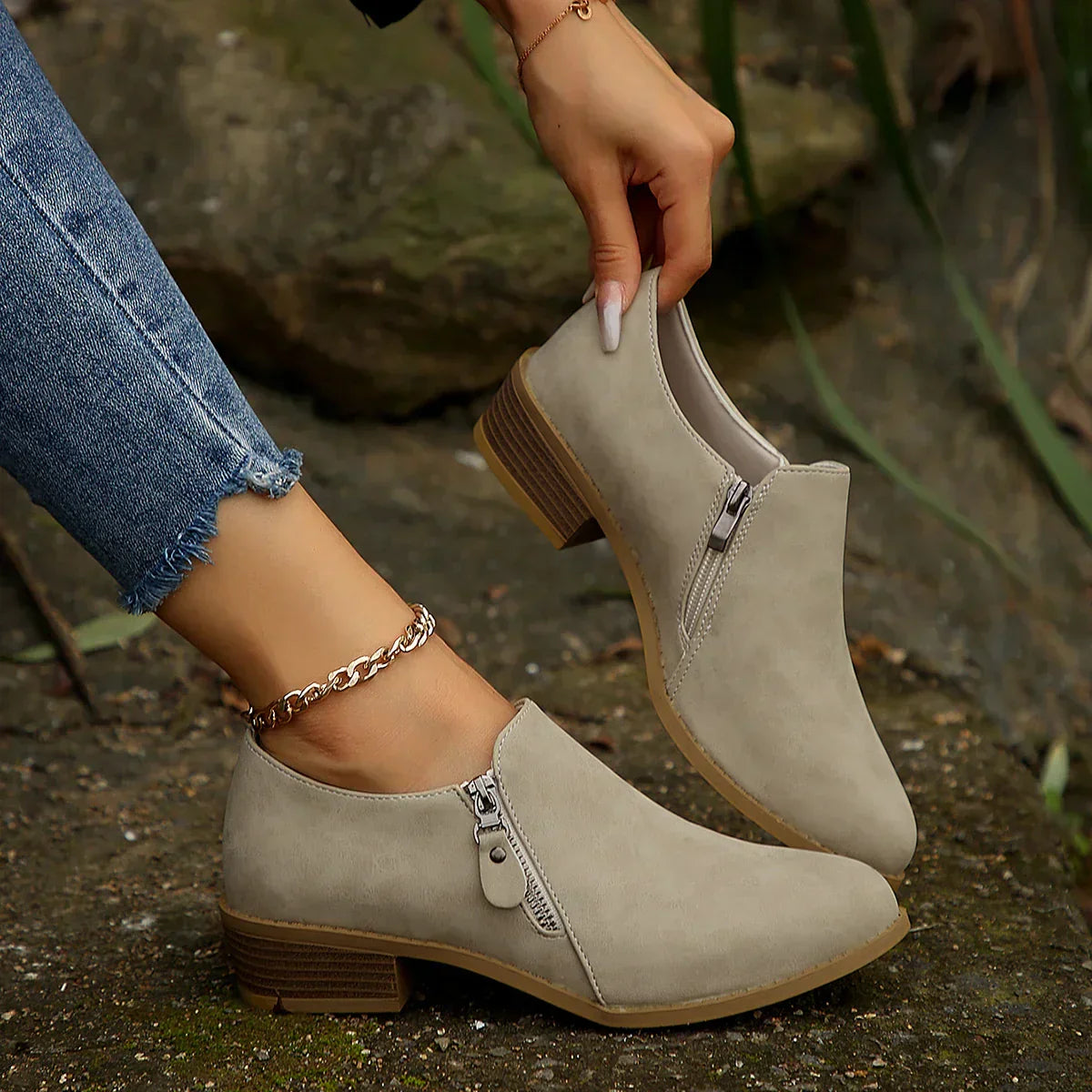 Women's Low Ankle Boots Block Heel Side Zipper