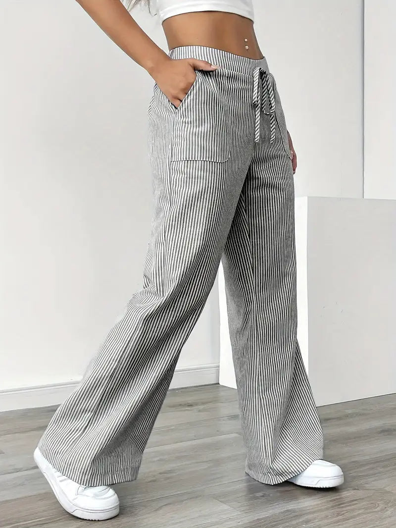 Image of Adrienne | Women's High-Waisted Striped Wide Leg Trousers