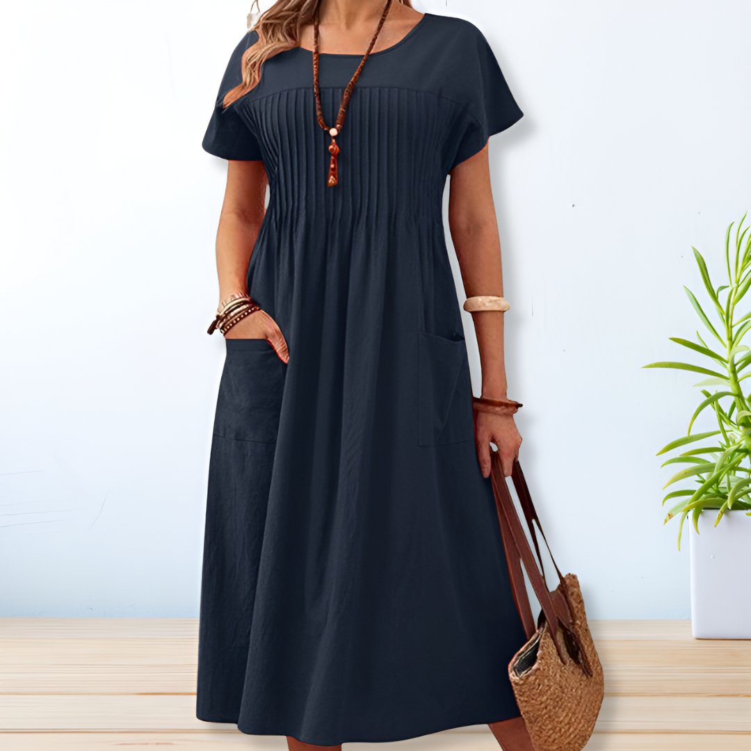 Women's Short Sleeve Midi Dress Pintuck Bodice Side Pockets