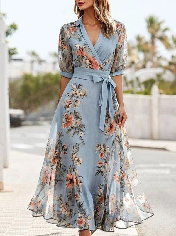 Women's Maxi Dress Wrap Style Puff Sleeves Waist Tie Belt