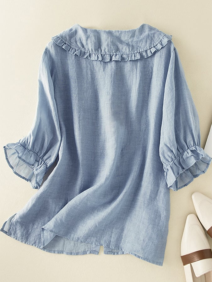 Women's Linen Tunic Ruffled Collar Beige