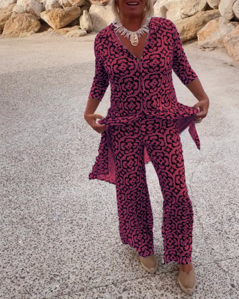 Image of Carolyn | Women's Button-Up Printed Two-Piece Pant Set