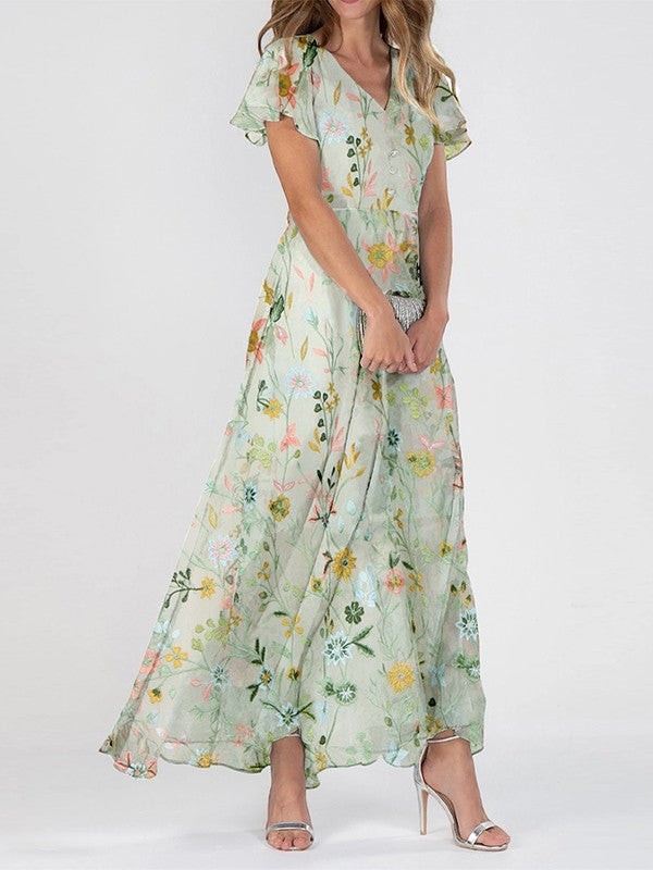 Women's Floral Maxi Dress V-Neck Ruffle Sleeves