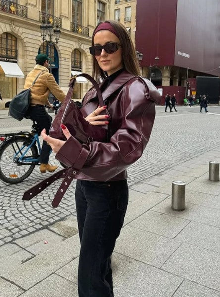 Women's Short Belted Lapel Collar Jacket
