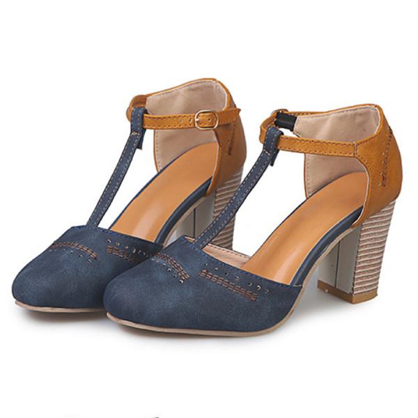 Women's Round-Toe Block Heel Pumps Leather Ankle Strap Black
