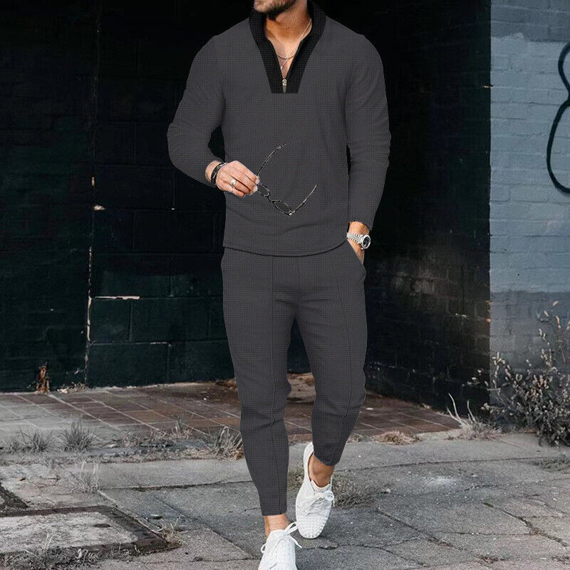 Men's Long Sleeve Quarter Zip And Pants Set Textured