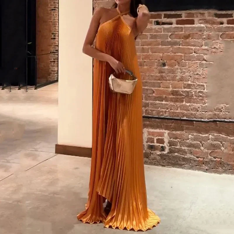 Image of Stephanie | Women's Halter Pleated A-Line Maxi Dress