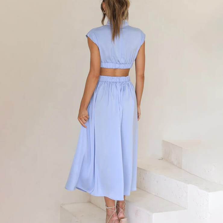 Women's High Neck Cap Sleeve Midi Dress Pleated Skirt