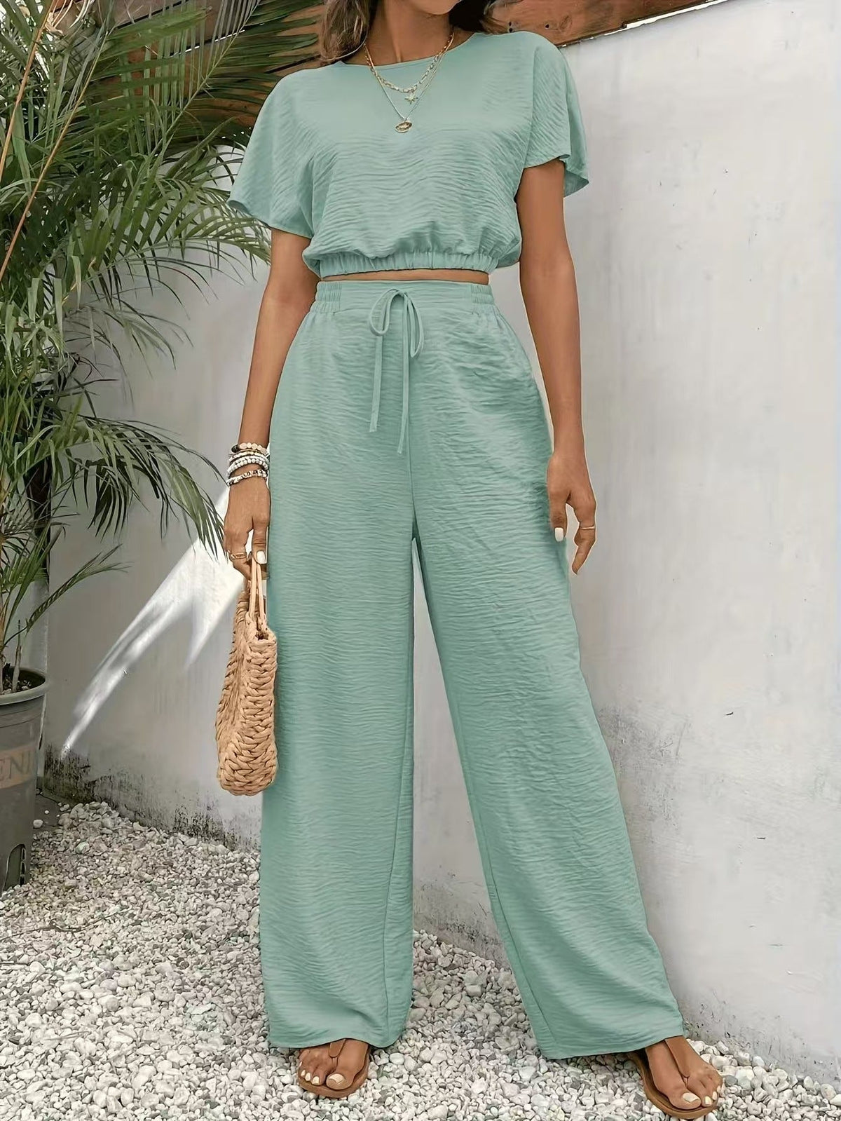 Women's Wide Leg Drawstring Pants Set