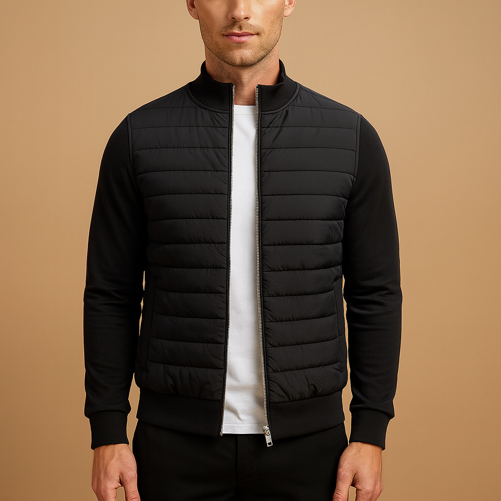 Men’s winter jacket with high collar and elastic cuffs, designed for warmth, wind resistance, and everyday wear on cool days.