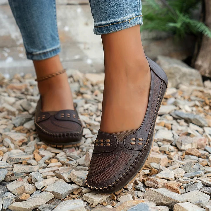 Women's Slip-On Loafers Perforated Leather Whipstitch Detail