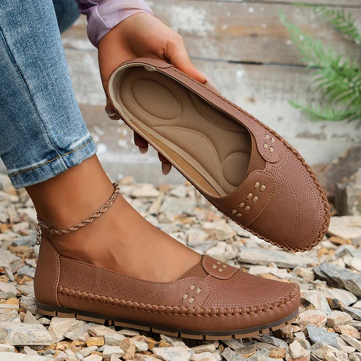 Women's Slip-On Loafers Perforated Leather Whipstitch Detail
