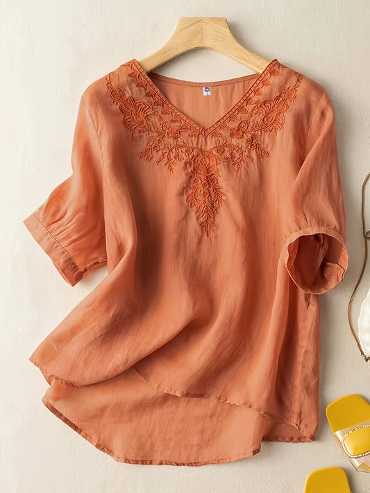 Women's Embroidered V-Neck Tunic Blouse Relaxed Fit