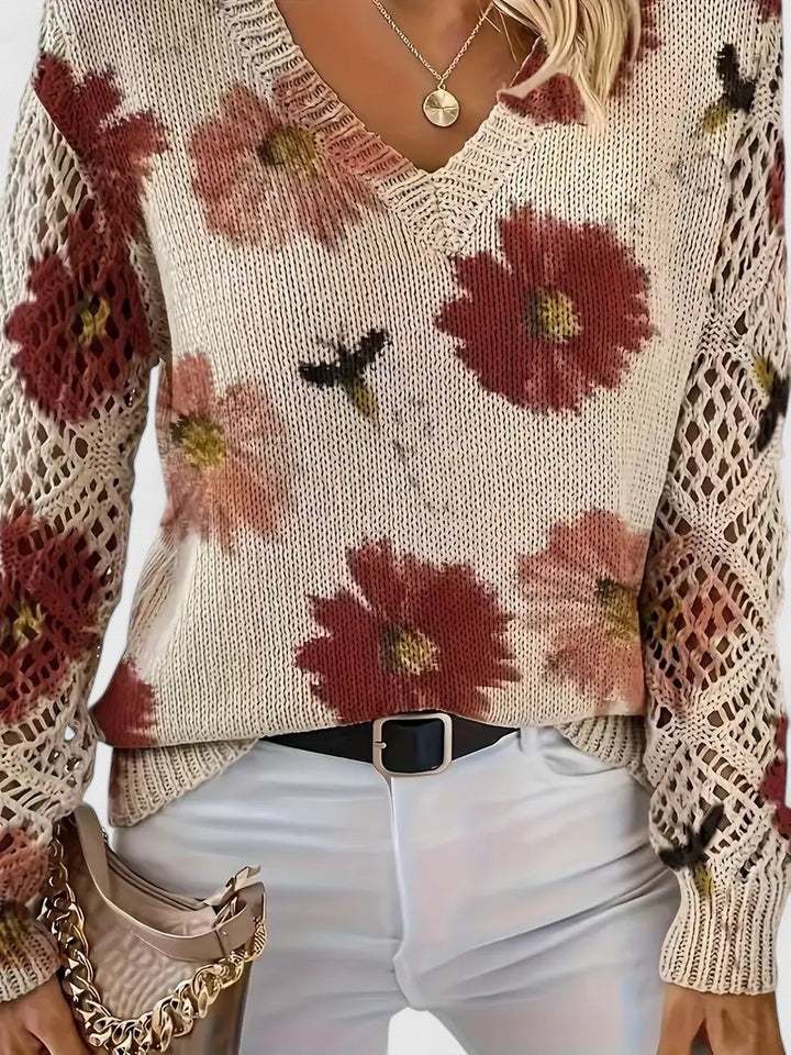 Women's V-Neck Crochet Sweater Floral