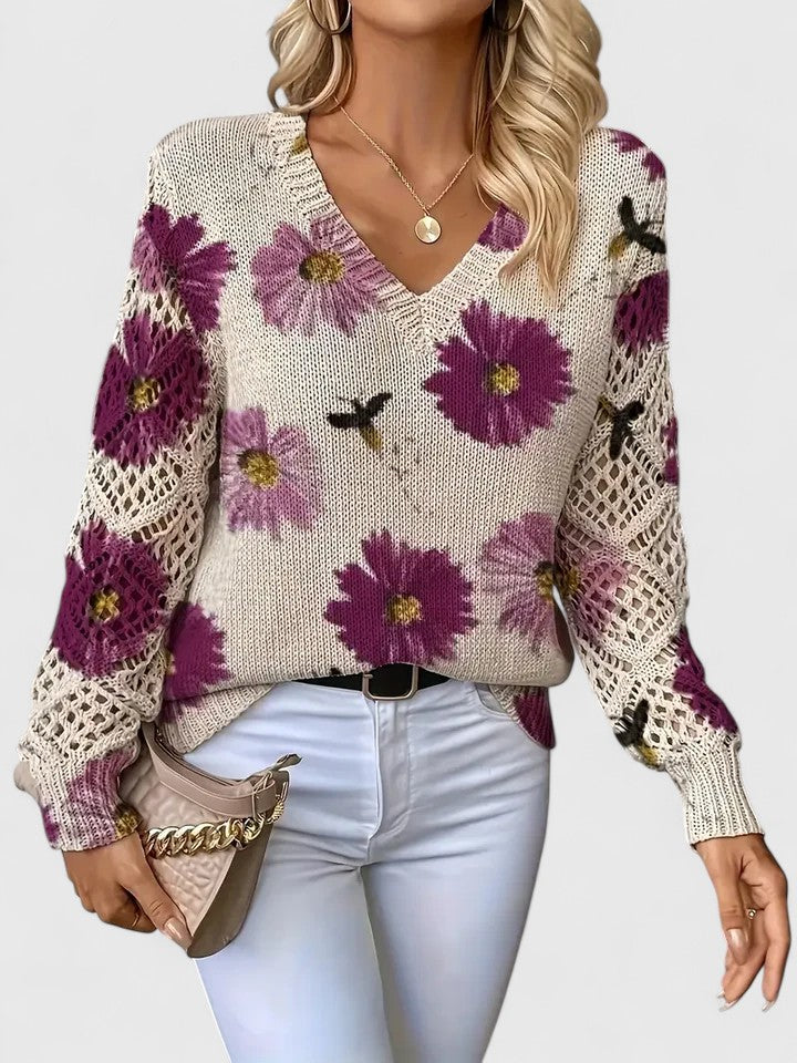 Women's V-Neck Crochet Sweater Floral