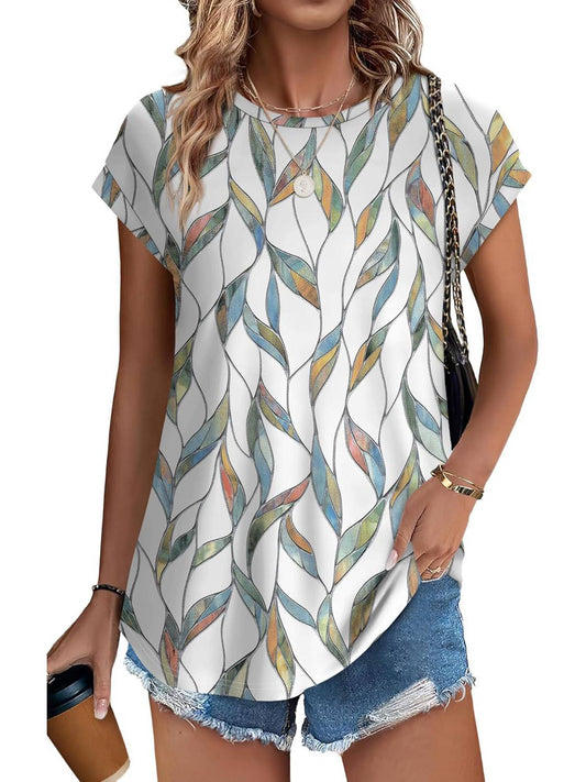 Women's Leaf Print Casual Cap Sleeve Crew Neck