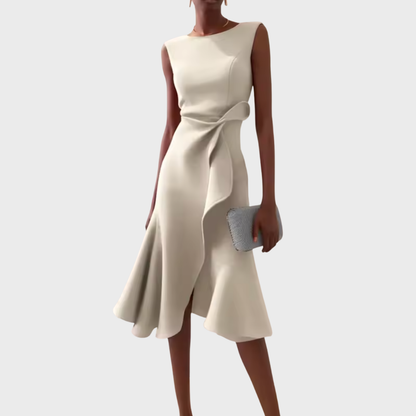 Women's Sleeveless Midi Dress Round Neck Draped Waist Asymmetric Hem