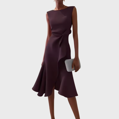 Women's Sleeveless Midi Dress Round Neck Draped Waist Asymmetric Hem