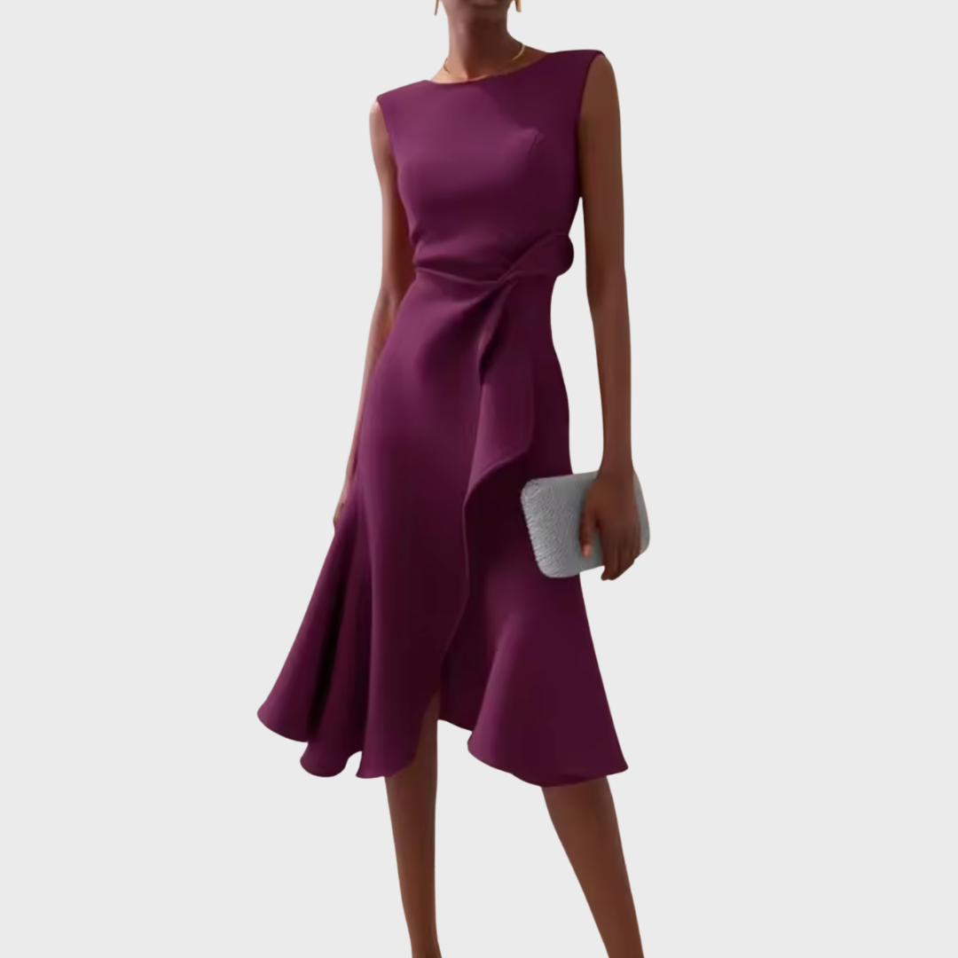 Women's Sleeveless Midi Dress Round Neck Draped Waist Asymmetric Hem