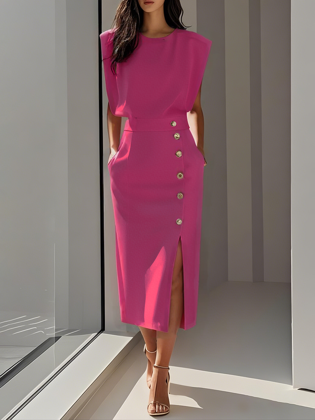 Isabella | Women’s Button Detail Sleeveless Midi Dress