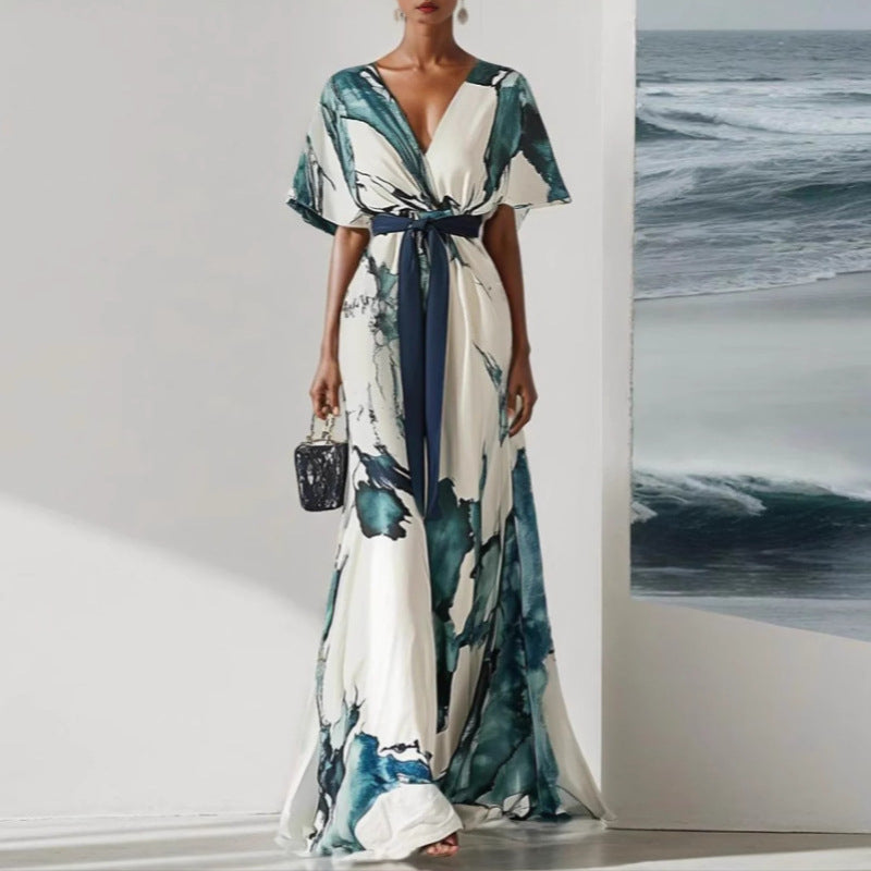 Women's Chiffon Maxi Dress Belted Waist Full Skirt