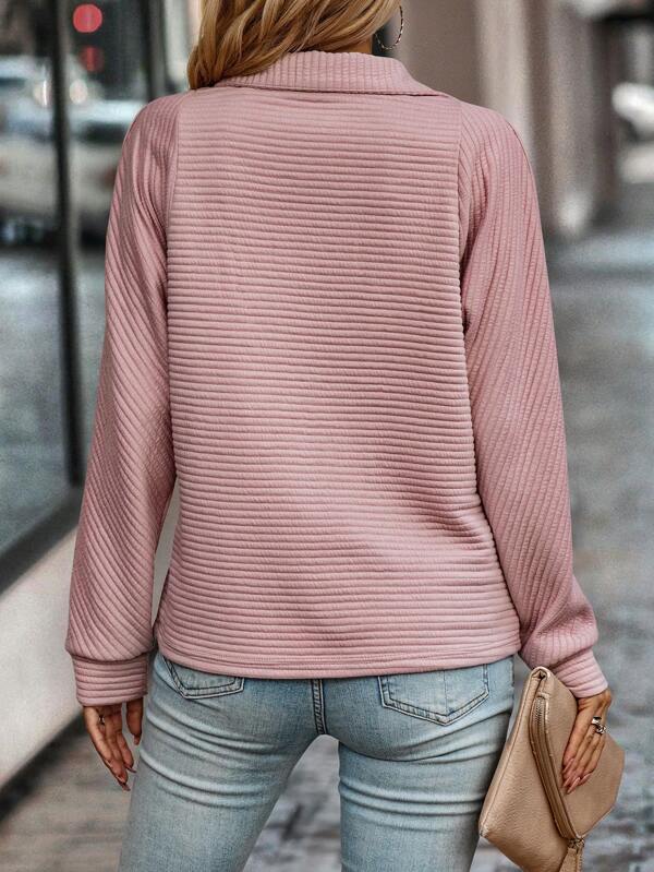 Women's Ribbed Half-Zip Sweater Long Sleeve Collared Navy