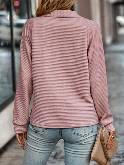 Women's Ribbed Half-Zip Sweater Long Sleeve Collared Navy