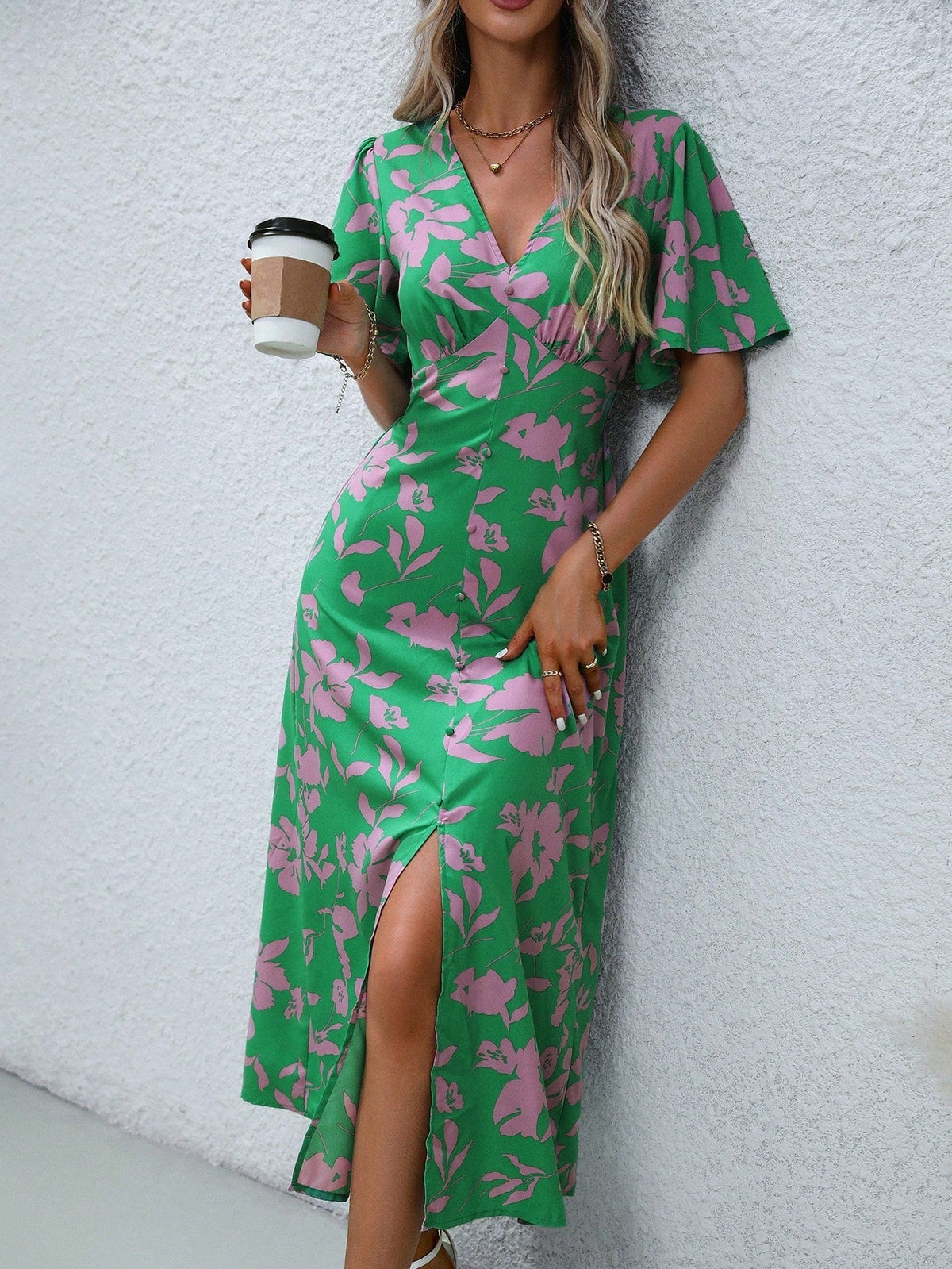 Tropical Plant Print V-Neck Dress