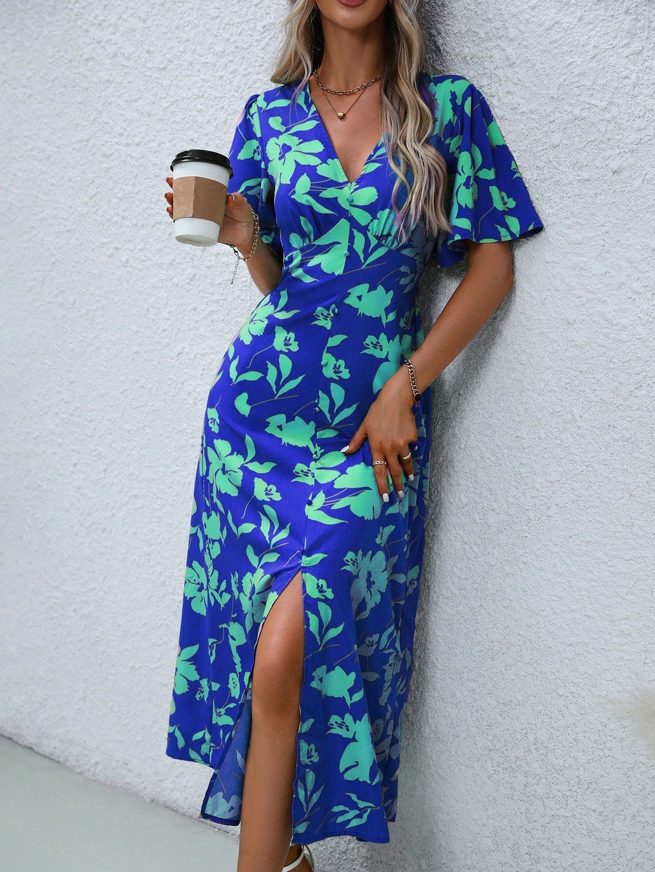 Tropical Plant Print V-Neck Dress