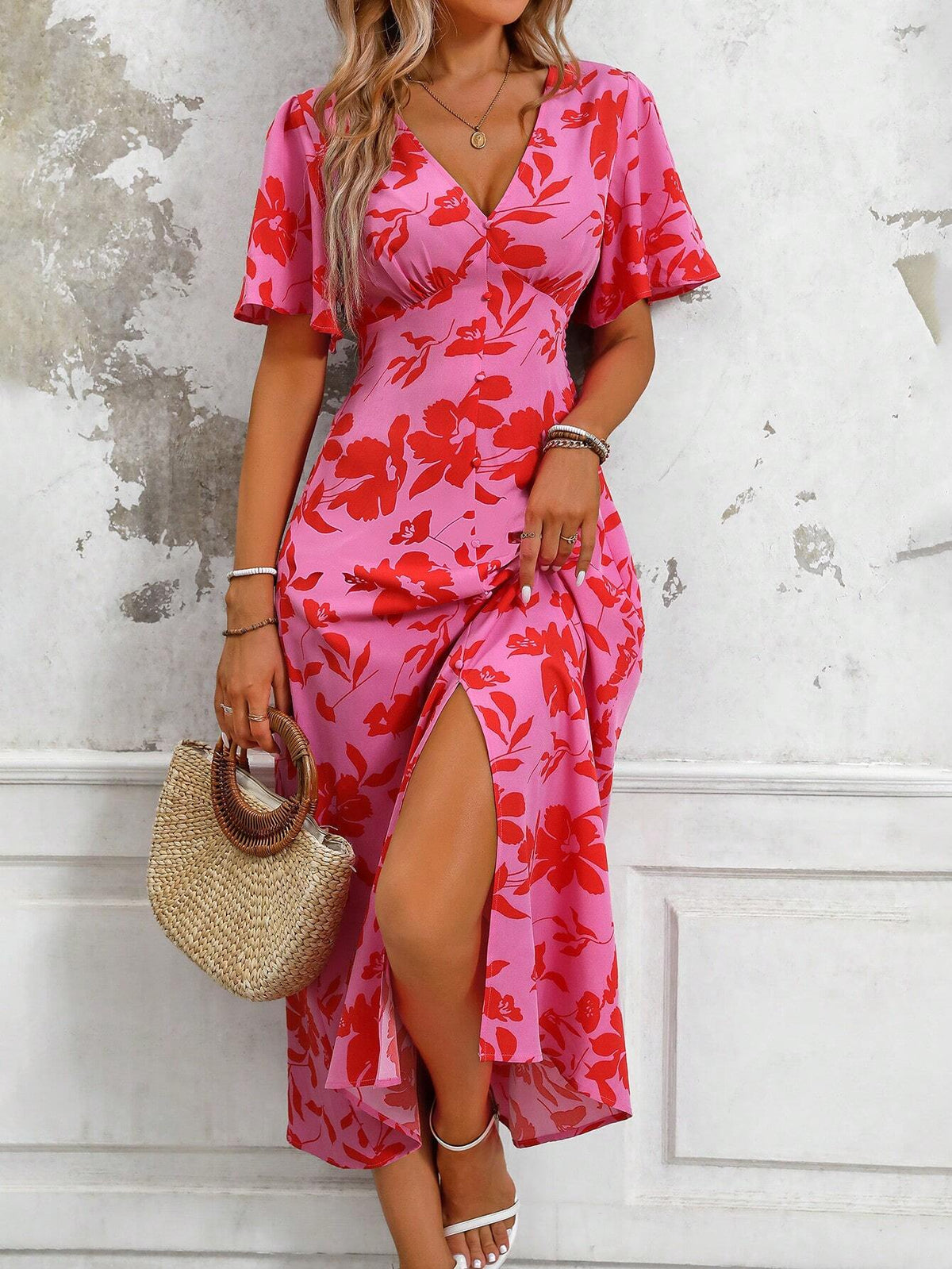 Tropical Plant Print V-Neck Dress