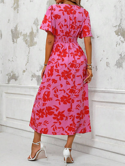 Tropical Plant Print V-Neck Dress