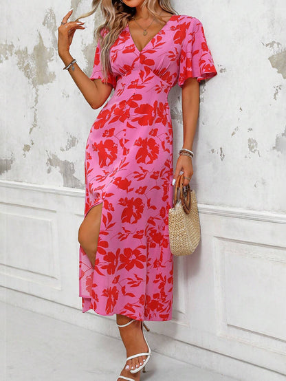 Tropical Plant Print V-Neck Dress