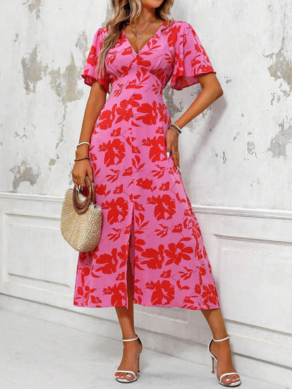 Tropical Plant Print V-Neck Dress