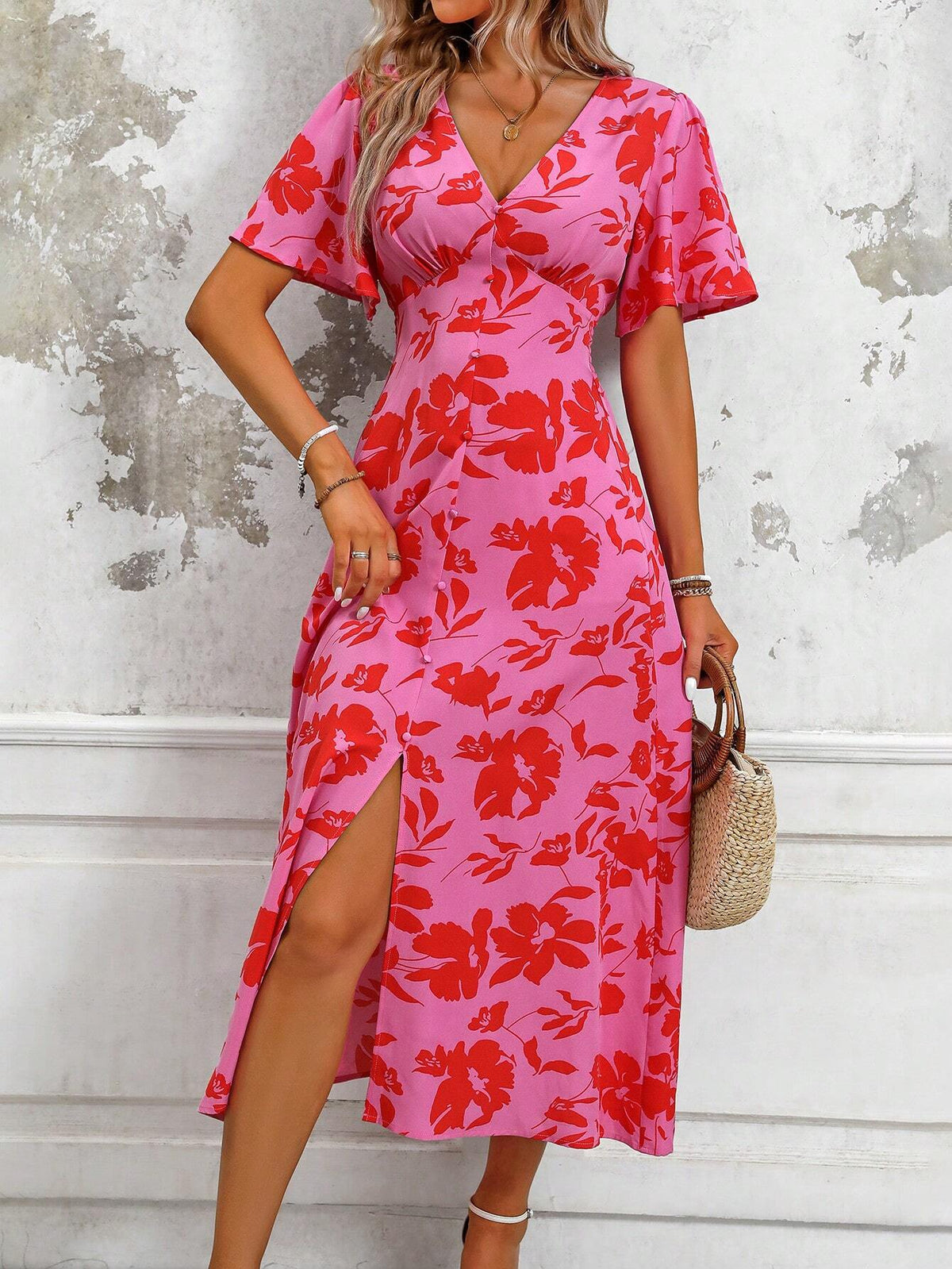 Tropical Plant Print V-Neck Dress
