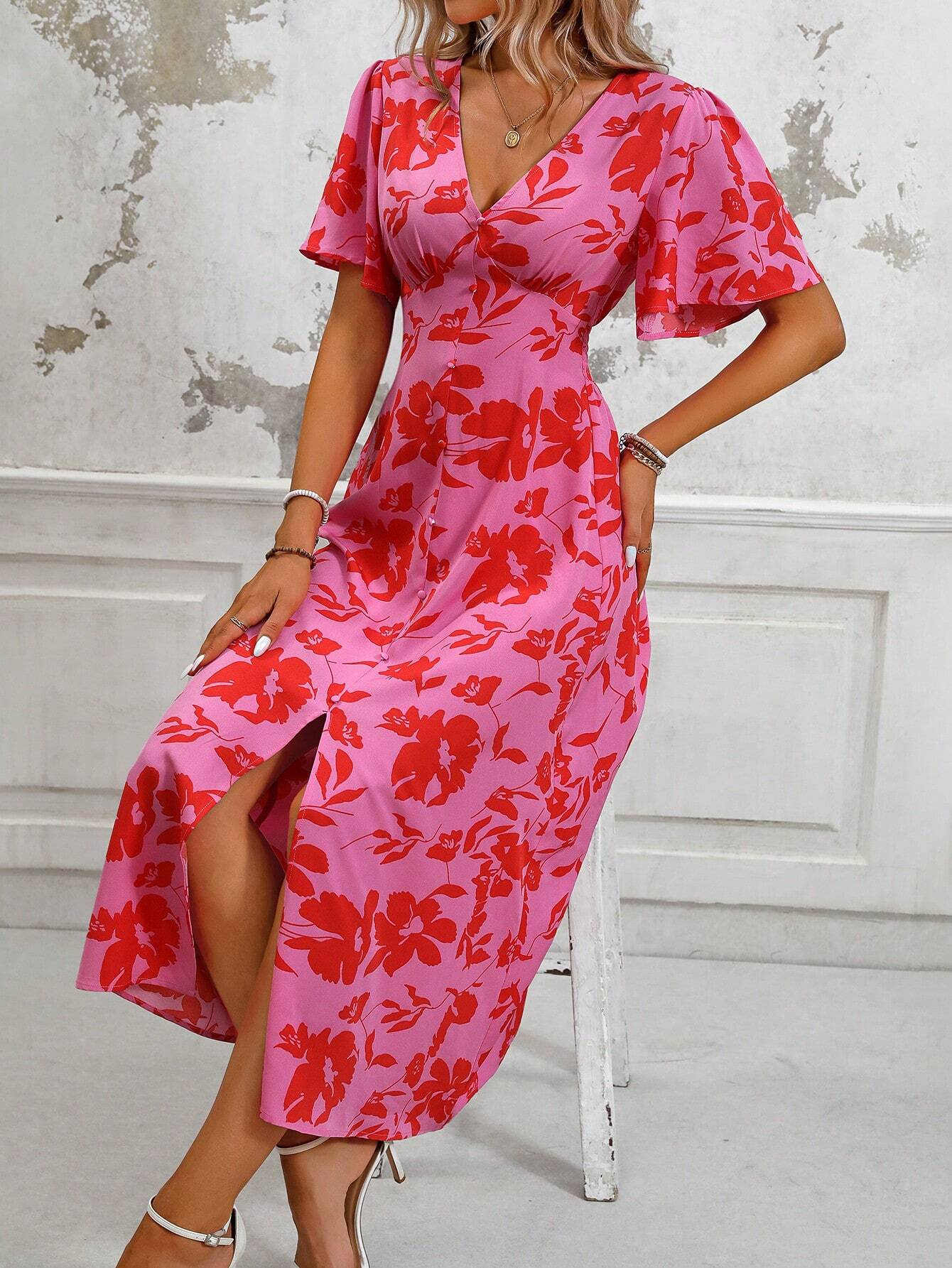 Tropical Plant Print V-Neck Dress