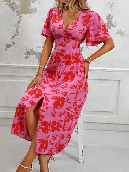 Tropical Plant Print V-Neck Dress