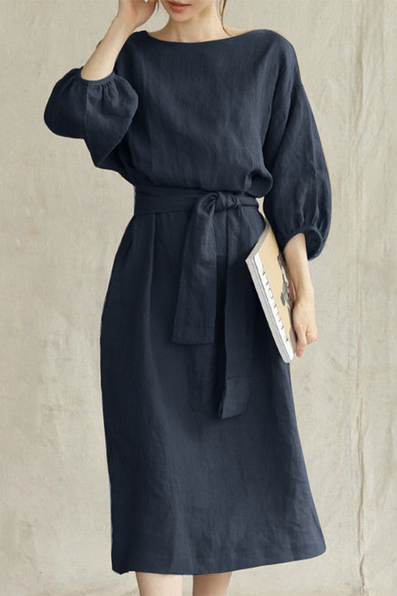 Linen Blend Midi Dress with Tie Waist