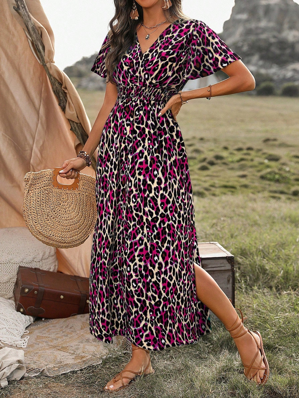 Leopard Print Split Thigh Dress Maxi