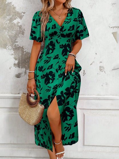 Tropical Plant Print V-Neck Dress