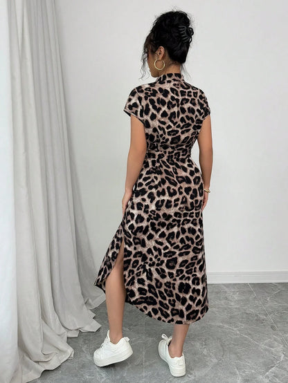 Leopard Print Front Button Shirt  long dress