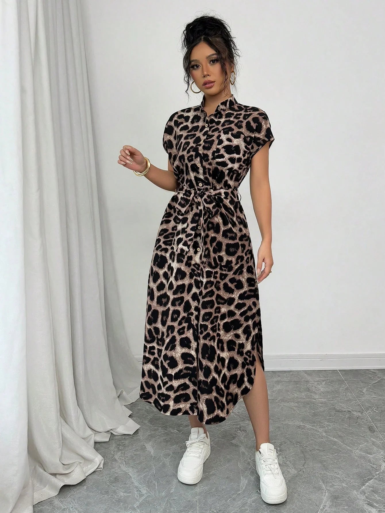 Leopard Print Front Button Shirt  long dress
