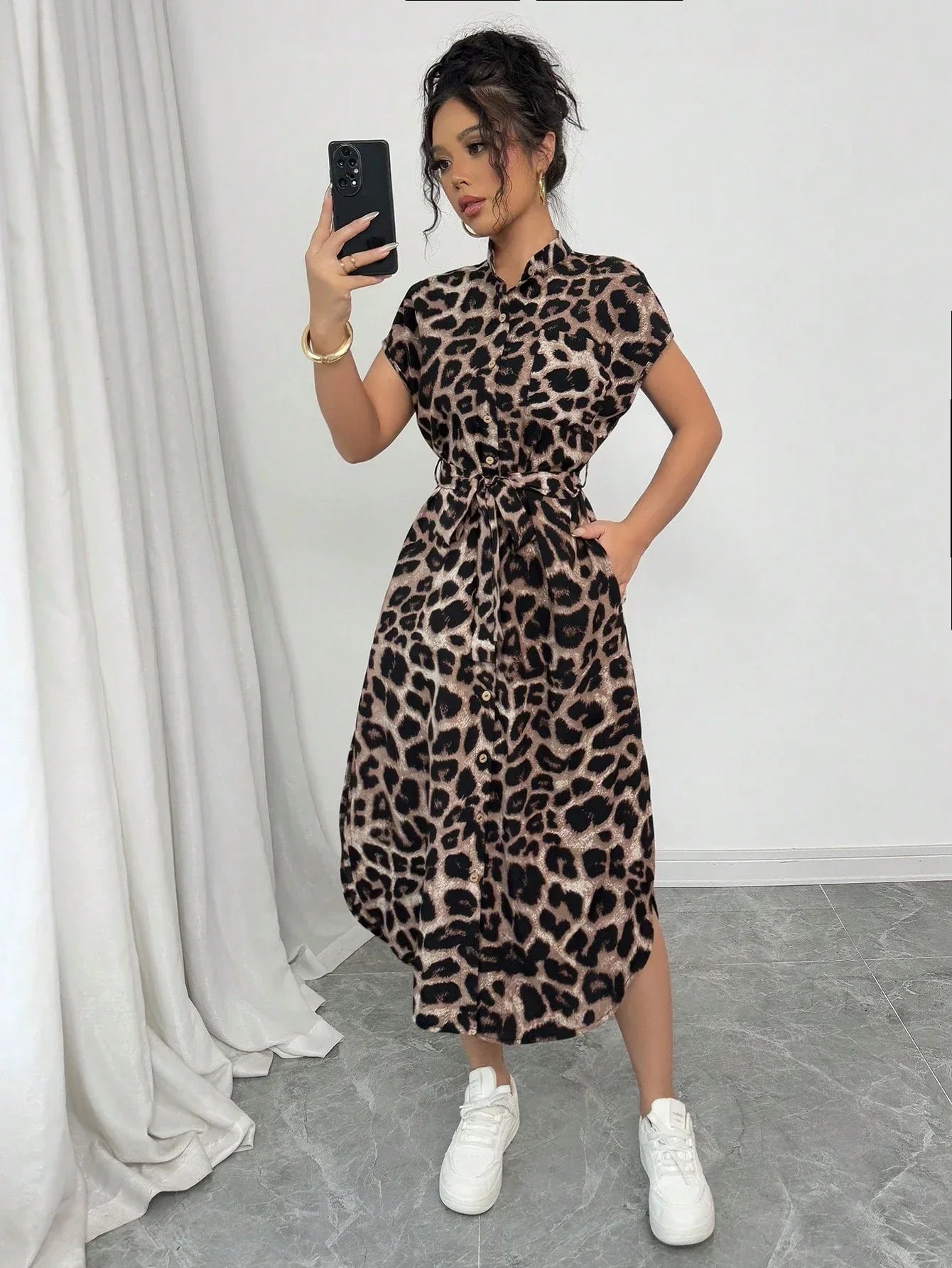 Leopard Print Front Button Shirt  long dress