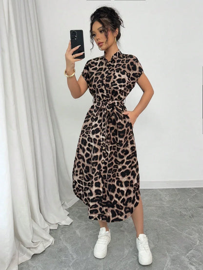 Leopard Print Front Button Shirt  long dress